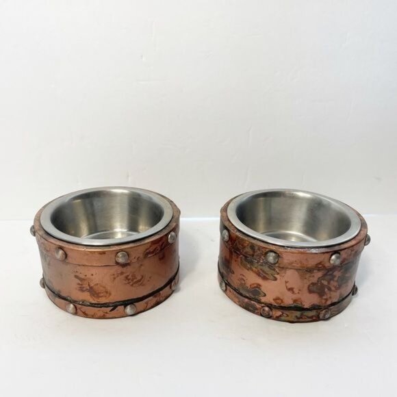 Copper Food Water Bowls for Cats or Small Dog Set of 2 Rivets Industrial - Picture 2 of 7